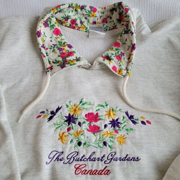 Vintage BUTCHART GARDENS Heather Gray Fleece ¼ Zip Sweatshirt Size XL Floral 90s - Picture 1 of 12